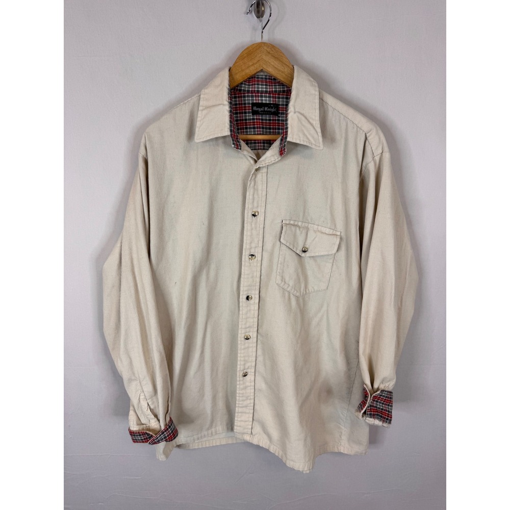 Royal Knight Mens Corduroy Button Down Shirt XL Cream Plaid Lined Cuffs USA Made